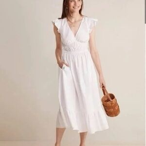 Vineyard Vines Marina Poplin Flutter-Sleeve Midi Dress in White Cap